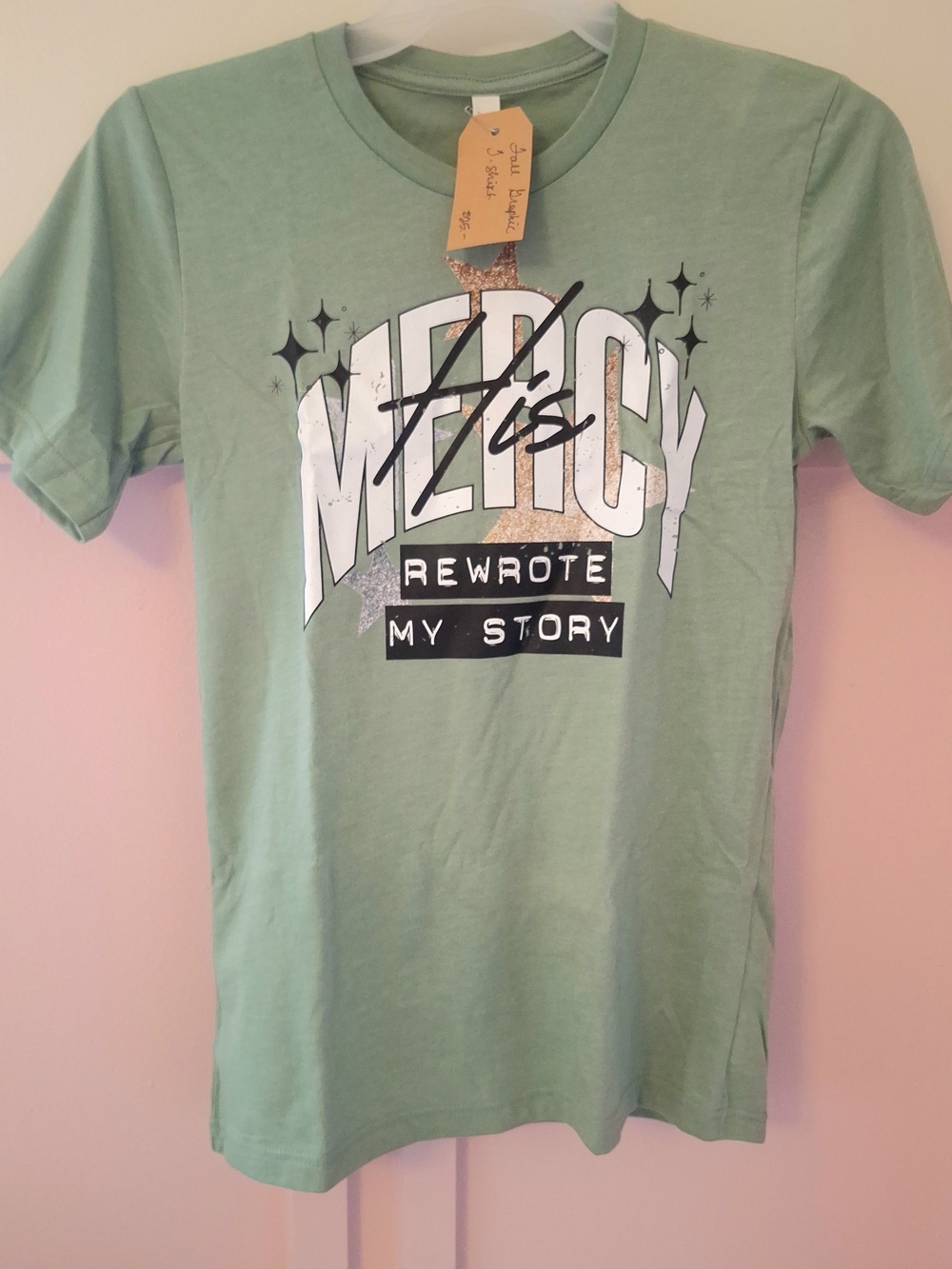 NWT SIZE SMALL Women's Sage Green Graphic Tee - Mercy Rewrote My Story